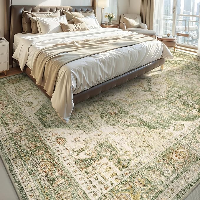 AMOAMI-4X6 Area Rugs for Living Room -Soft Vintage Bedroom Rugs-Non Slip Washable Rug-Throw for Living Room Bedroom Bedside Dining Room Office Green