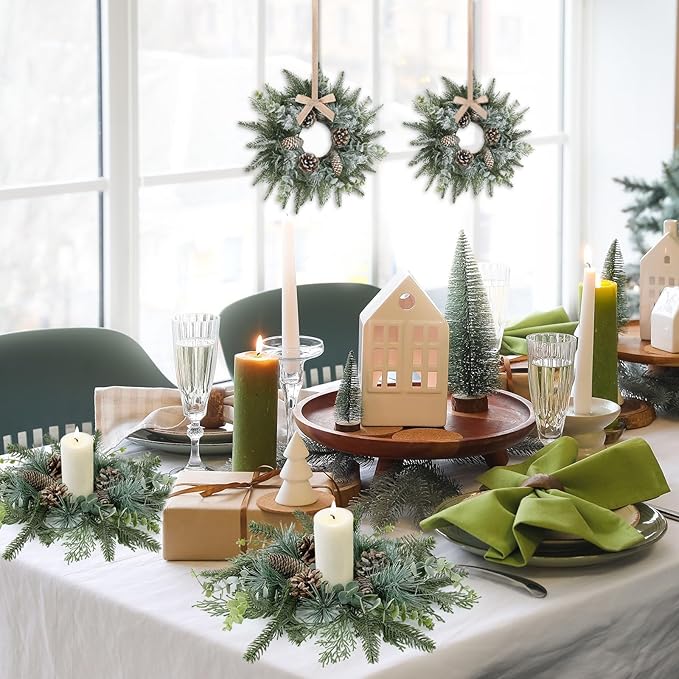 6 PCS Christmas Mini Cabinet Wreaths for Kitchen with Burlap Ribbon Norfolk Snowy Pine Needles Garland Pinecones Artificial Cedar Wreaths for Xmas Front Door Window Home Table Pillar Chair Wall Decor