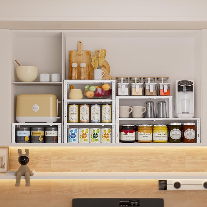 Expandable Spice Rack,Stackable Storage for Cabinet, Multi-Functional Kitchen Shelving,Height-Adjustable,Sustainable Organizer Solution(3Packs/White/Medium)