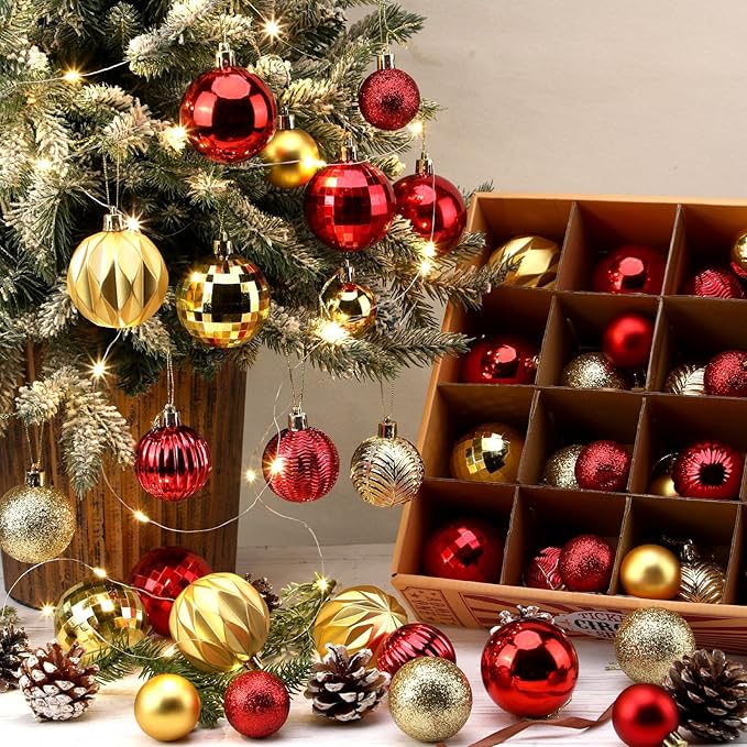 64 Pcs Red and Gold Christmas Ball Ornaments Glitter Matte Xmas Tree Ornaments 1.6 1.97 2.4 Inch Shatterproof Assorted Size Christmas Baubles for Tree Home Indoor Decor