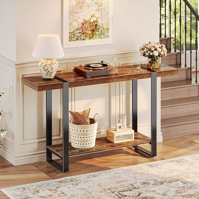 Huuger 47.2 Inch Entryway Table, 2-Tier Industrial Console Sofa Table, Accent Table with Storage, for Entry, Hallway, Entrance, Foyer, T-Shaped Metal Frame, Rustic Brown