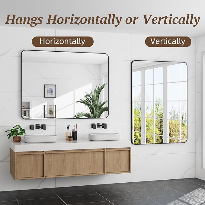 Bathroom Mirror 48" x 36", Large Rectangle Wall Mirror, Black Metal Frame Wall Mounted Mirrors for Bathroom, Vanity, Bedroom, Entryway Decor(Horizontal/Vertical)