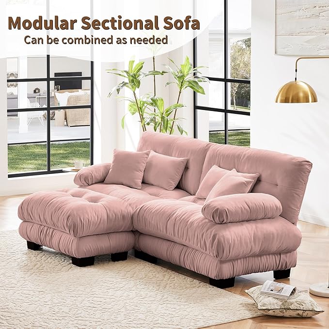 Loveseat Modular Sectional Sofa, L Shaped Couch with Ottoman, Cloud Couch Sectional Couch Home Sofa Living Room Oversized Couch Deep Seat Couch with Round Bolster Armrests 4 Pillows(Pink)