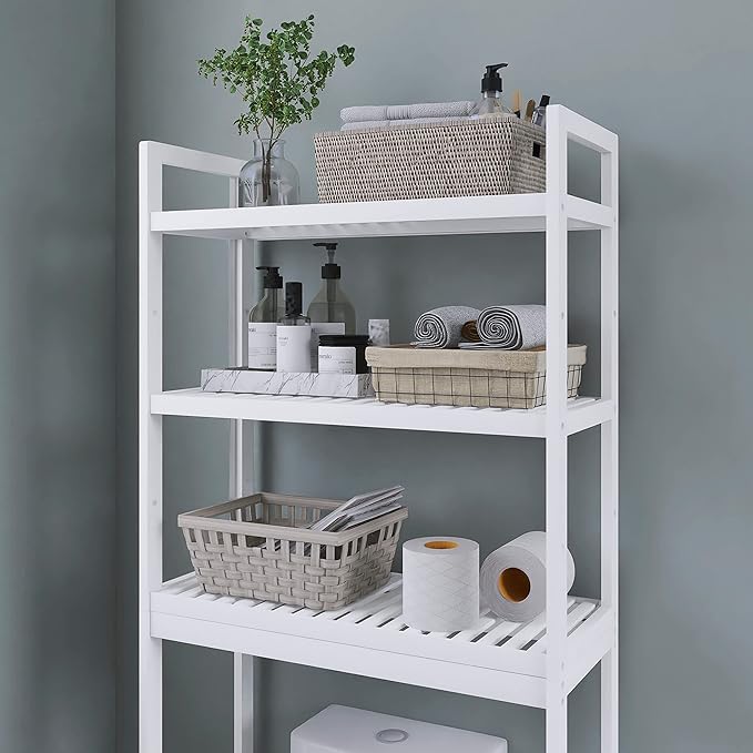 SMIBUY Bathroom Storage Shelf, Bamboo Over-The-Toilet Organizer Rack, Freestanding Toilet Space Saver with 3-Tier Adjustable Shelves (White)