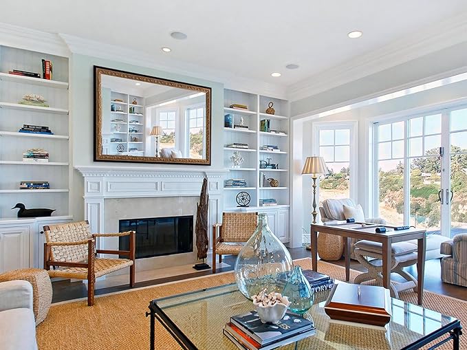 52"x36" Wall Mirrors Decorative, Black Bathroom Vanity Mirror with Gold Foil Carvings Wooden Frame for Living Room, Entryway and Bedroom