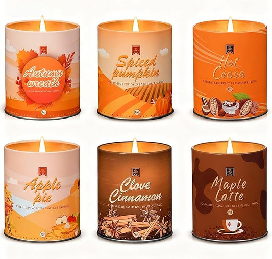 58oz Winter Scented Candles Set 6Pcs Aromatherapy Soy Wax Decorative Candles for Birthday Halloween Christmas, House Warming Gifts for Women 9oz Apple/Vinilla/Cinnamon/Pumpkin/Latte/Cocoa Candle