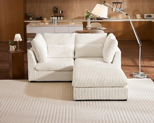Oversized Modular Sofa, Extra Deep Cloud Corduroy Sectional Couch with Ottoman Chaise, Fluffy Chenille Loveseat L Sofa for Living Room, Villa (Loveseat+Ottoman, Corduroy White)