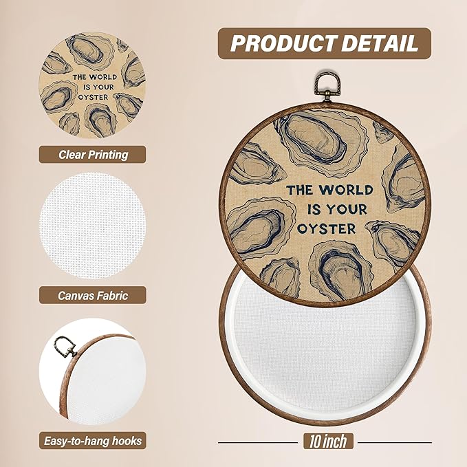 XBBMGG Oyster Wall Art Decor, Coastal Vintage Oyster Shell Round Wall Hanging Decor, Beach Ocean Nautical The World Is Your Oyster Framed Canvas Prints for Living Room Bathroom Decorations, 10x10inch