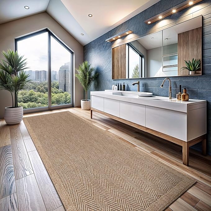 CAMILSON Indoor and Outdoor Runner Rug Natural Herringbone Seagrass Boho Design Easy-Cleaning Non Shedding Fiber Living Room Bedroom Garden Patio and Kitchen Washable Outside Carpet Alfombras (2x7)