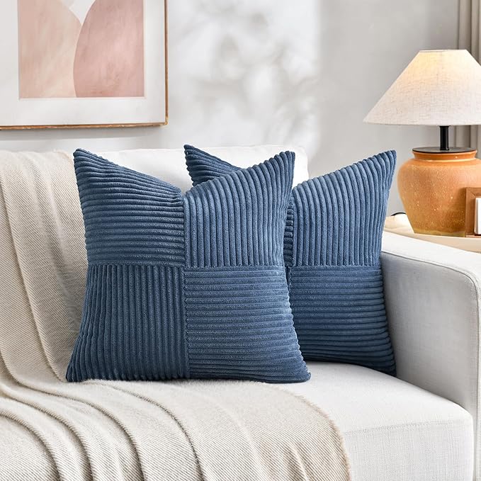 Fancy Homi 2 Packs Dusty Blue Decorative Throw Pillow Covers 16x16 Inch for Living Room Couch Bed Sofa, Farmhouse Boho Home Decor, Soft Corss Patchwork Corduroy Textured Square Cushion Case 40x40 cm