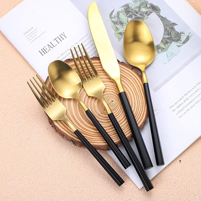 Matte Silverware Set Gold Flatware Set with Hexagon Handle 20 Pieces 18/0 Stainless Steel Cutlery Set Wedding Housewarming Gift Service for 4 (Matt black gold)