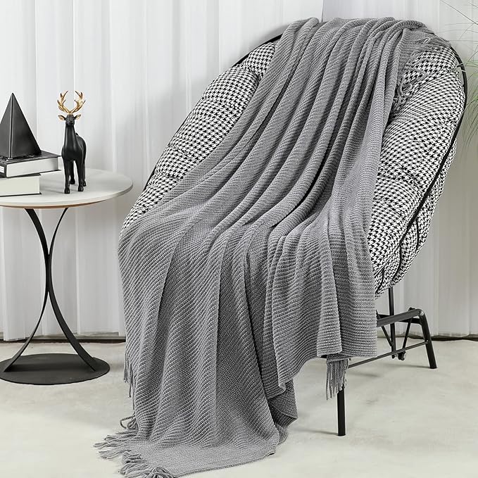 Blagic Grey Throw Blanket for Couch Soft Farmhouse Chenille Boho Throw Blanket with Tassels Home Decorative Lightweight Throw Blankets, Throws for Bed/Chair/Sofa, Stripe Textured (Light Grey,50"x60")
