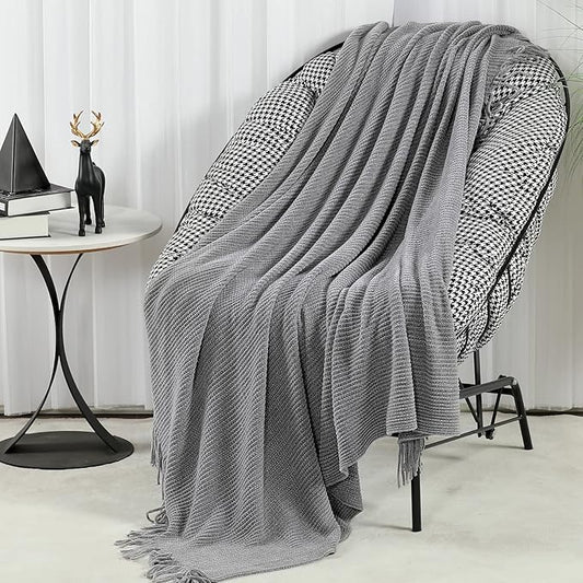 Blagic Grey Throw Blanket for Couch Soft Farmhouse Chenille Boho Throw Blanket with Tassels Home Decorative Lightweight Throw Blankets, Throws for Bed/Chair/Sofa, Stripe Textured (Light Grey,50"x60")