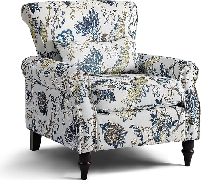 Wingback Accent Chair with Removable Pillow, High Back Floral Armchair with Solid Wood Legs & Nailhead Trim, Comfy Upholstered Reading Single Sofa Chair for Bedroom (1, Blue Floral Pattern)