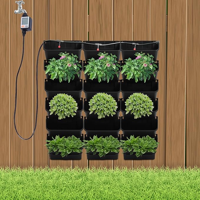 18 Pots Self-Watering Vertical Wall Planter, 39.4”L x 39.4”H Stackable Plastic Wall-Mounted Plant Grow Pots, Wall Hang Garden Planter Outdoor Indoor for Herbs Flowers Strawberries (Black)