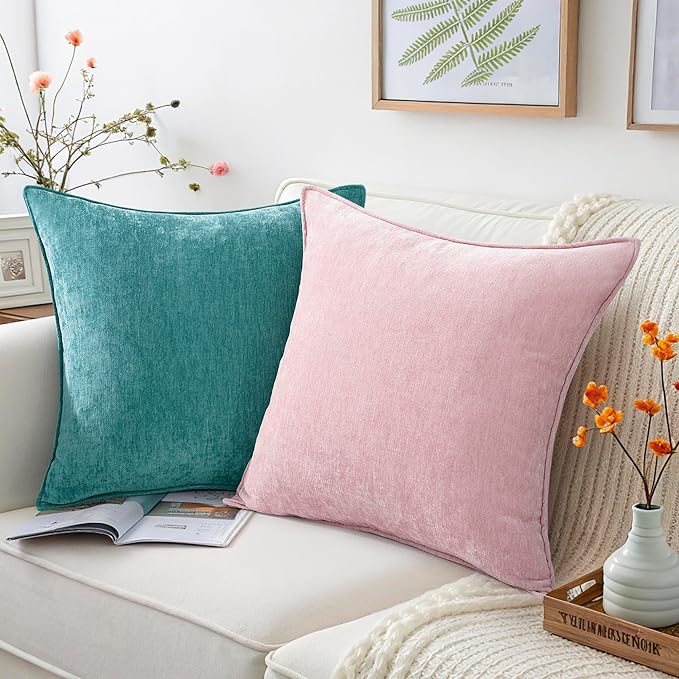 decorUhome Couch Throw Pillow Covers 12x20 Set of 2, Decorative Soft Euro Neutral Chenille Lumbar Pillow Covers with Elegant Design for Sofa Bed Living Room Home Decor, Teal