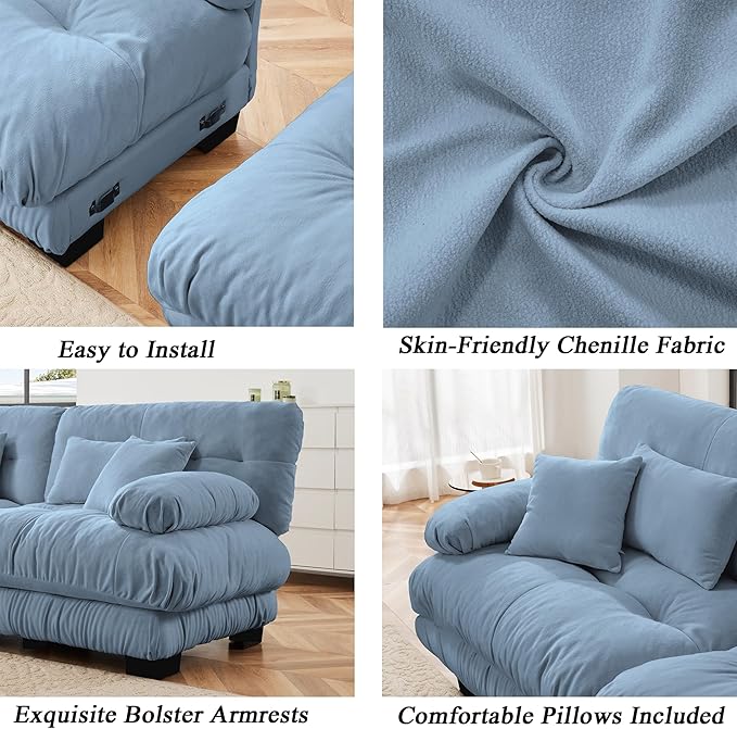 Modular Sectional Sofa, Comfy Cloud Couch Oversized Loveseat with Ottoman, Sectional Couches for Living Room, Modern Chenille U Shaped Couch, Sleeper Deep Seat Sofa with Throw Pillows, Blue