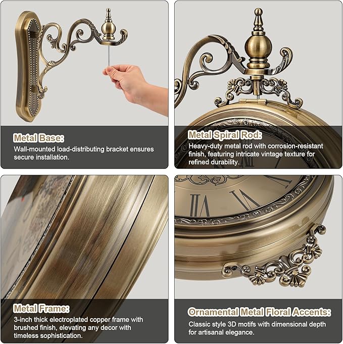 Large Vintage Double Sided Wall Clock with Glass & Metal, Roman and Arabic Numerals, Silent Non-Ticking Battery Operated Antique Clock for Living Room, Office, Hallway Decor (15x18.5 Inch)