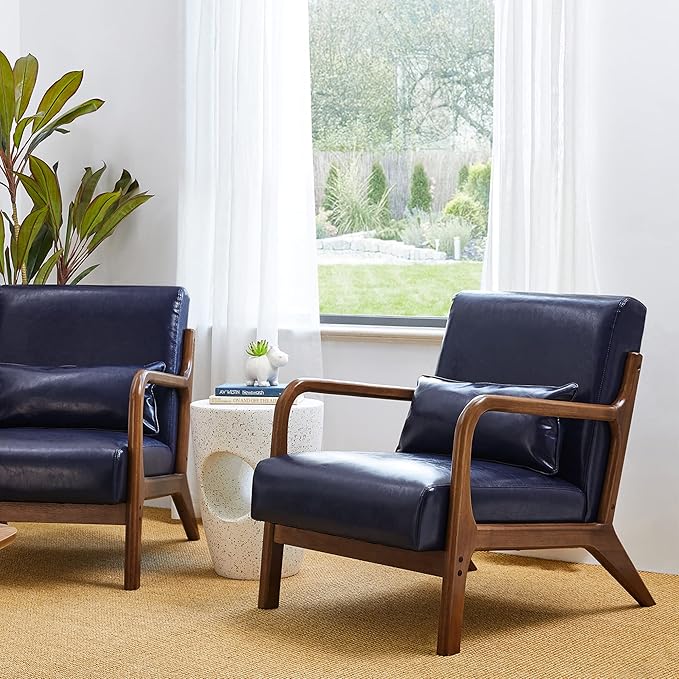 Glitzhome 2 Set Mid Century Navy Blue Accent Armchair, Single Reading Armchair PU Leather Lounge Chair with Walnut Ruberwood Frame