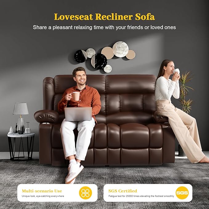 RV Loveseat Recliner Sofa, PU Leather RV Reclining Loveseat with USB Charge Ports, Cup Holders, 2 Seater Manual Pull Tab Recliner Sofa Couches for Living Room/RV, Brown