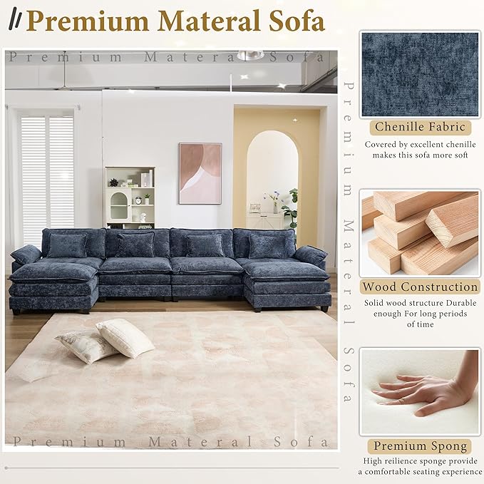 URRED Modular Sectional Sofa Comfy Cloud Couch, Modern Chenille Sofa Sleeper Deep Seat Couches with Ottoman/Pillows for Living Room (Blue, 154'' - U Shape)
