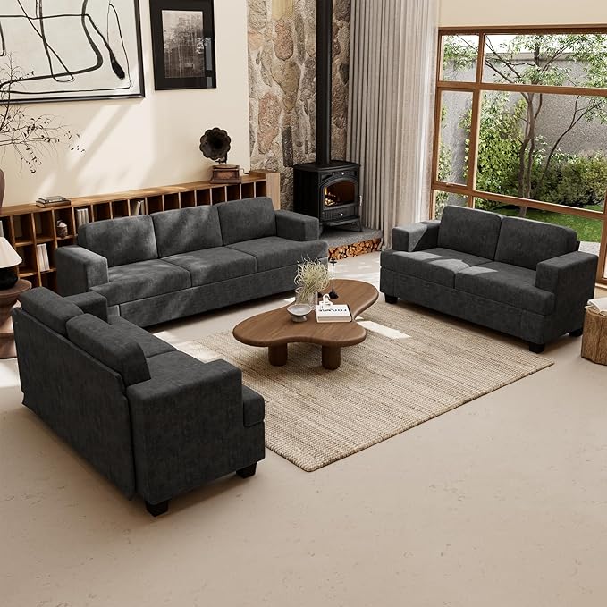 Sofa, 63” Comfy Loveseat Sofa with Deep Seats, Couch for Living Room, Modern Sleeper Couch, Dark Grey Chenille