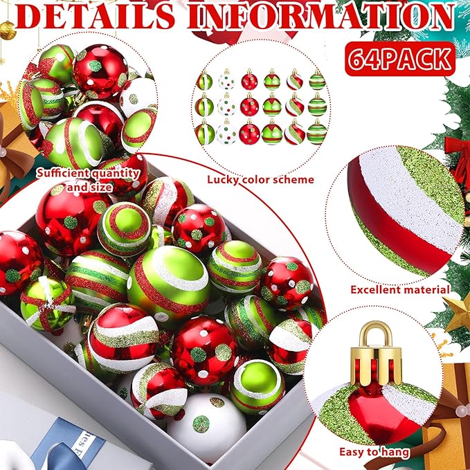 64 Pcs Christmas Ball Ornaments Lime Green Red Christmas Ornament Plastic Christmas Tree Decoration Assorted Size Dot Stripe Christmas Ornament for Tree Home Indoor Decor, 1.6/1.97/2.4 Inch