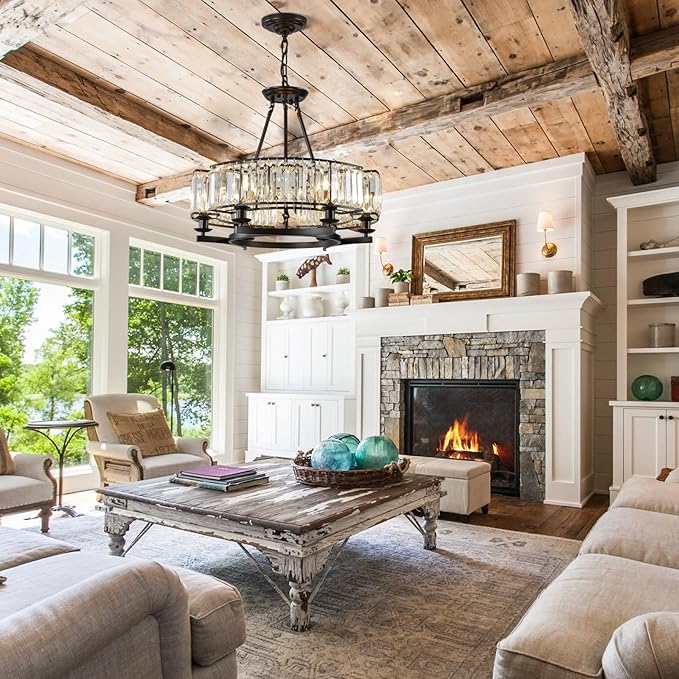 Vintage Crystal Chandelier Black 6 Lights Hanging Ceiling Light Fixture Iron Frame Pendant Lighting for Farmhouse Decoration Dining Table Living Room