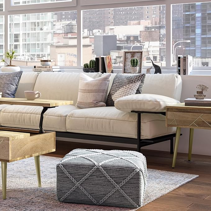 SIMPLIHOME Cowan Contemporary Square Pouf in Grey, Natural Handloom Woven for the Living Room, Bedroom and Kids Room