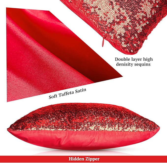 Irenare 4 Pcs Sequin and Fluffy Pillow Covers Winter Throw Pillow Cases Soft Cushion Cover for Couch Bed Sofa Xmas Day(18 x 18 Inch,Red, White)
