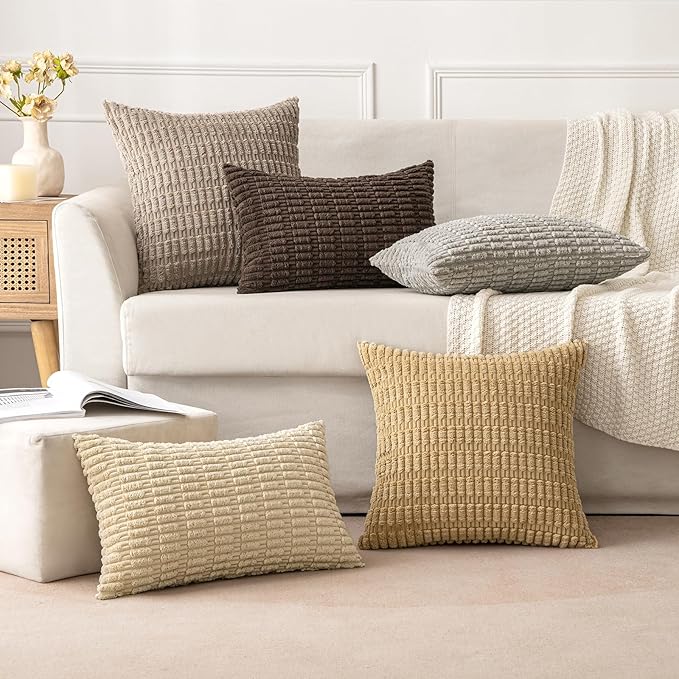 MIULEE Pack of 2 Corduroy Decorative Euro Sham Throw Pillow Covers 24x24 Inch Soft Boho Striped Pillow Covers Modern Farmhouse Home Decor for Sofa Living Room Couch Bed Tan