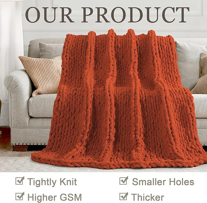 Chunky Knit Throw Blanket 60"X 80", 100% Handmade with Soft Chenille Yarn, 4.4lbs Thick Cable Knitted Blankets, Large Rope Knot Crochet Throws for Couch Sofa Bed Home Decor, Rust