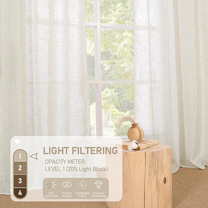 LAMIT Short Linen Curtains 40 Inch for Kitchen Windows Over Sink, Semi Sheer Light Filtering Neutral Curtains Bronze Grommet Panels for Bathroom/Windows, Cream Ivory, 2 Panels, 34 x 40 Inch
