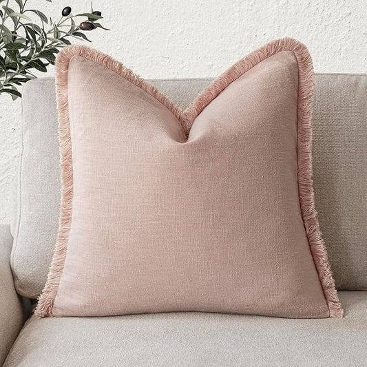 Foindtower Decorative Linen Fringe Throw Pillow Covers Cozy Boho Farmhouse Cushion Cover with Tassels Soft Accent Pillowcase for Chair Sofa Bed Living Room Home Decor, 22×22 Inch, 1PC,Light Pink
