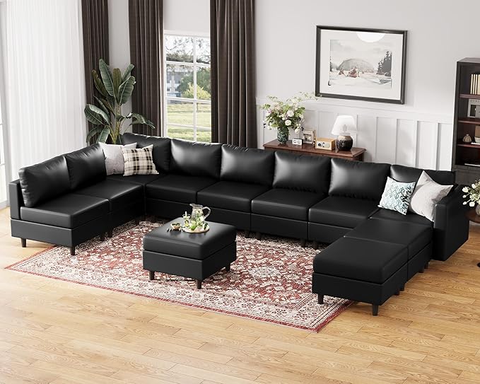 ABCASA Oversized 172.5" Faux Leather Modular Sectional Sofa, Modern Large 11 Seater U Shaped Couch with Storage Seat with Reversible Chaise Deep Seat for Living Room DIY Combination - Black