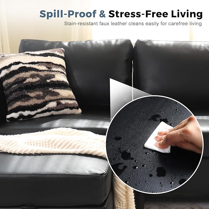 118.5" Oversized Modular Sectional Sofa, Faux Leather 6 Seater U Shaped Couch with Movable Ottoman and Storage Seat with Reversible Chaise Deep Seat for Living Room Black