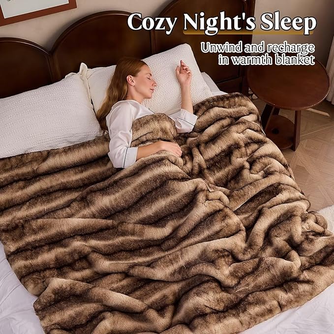 Luxury Faux Fur Blanket - Soft Warm Plush Blankets for Couch Sofa Bed, Fluffy Thick Throws for Bedroom, Office, Living Room, Decorative Reversible, Not Easy to shed - 60"x80", Brown