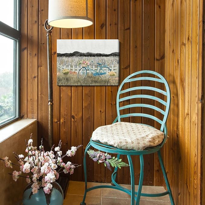 Farmhouse Decor Bathroom Fall Wall Art Vintage Boho Landscape Nature Canvas Picture Mountains, Bicycle Lavender Flowers Floral Neutral Small Artwork for Modern Organnic Country Rustic Cottagecore Bedroom