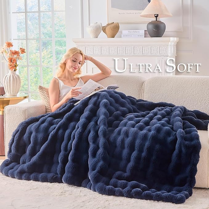BENVWE Fluffy Faux Fur Throw Blanket for Couch, Soft Plush Thick Cozy Fuzzy Luxury Minky Bubble Blanket for Home Living Room Decor Gift for Women, Navy Blue, 63" x 80", 1100GSM