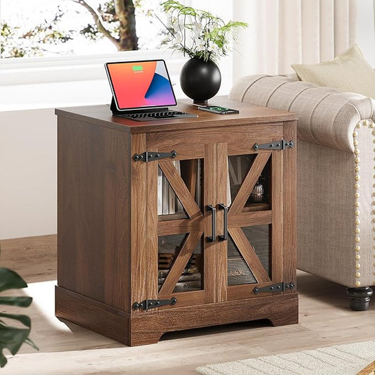 Farmhouse Side Table with Storage Cabinet, End Table with Adjustable Shelf, Night Stand, Wood Nightstand with Charger Station, 24 End Tables Living Room, Rustic Bed Side Tables Bedroom, Walnut