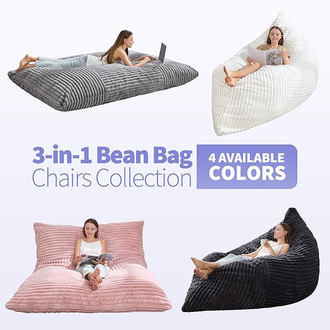 Hobestluk 3 in 1 Bean Bag Chair Giant Bean Bag Chairs Convertible Bean Bag Floor Cushion with Machine Washable Cover, Beanbag Chairs for Adult (White)