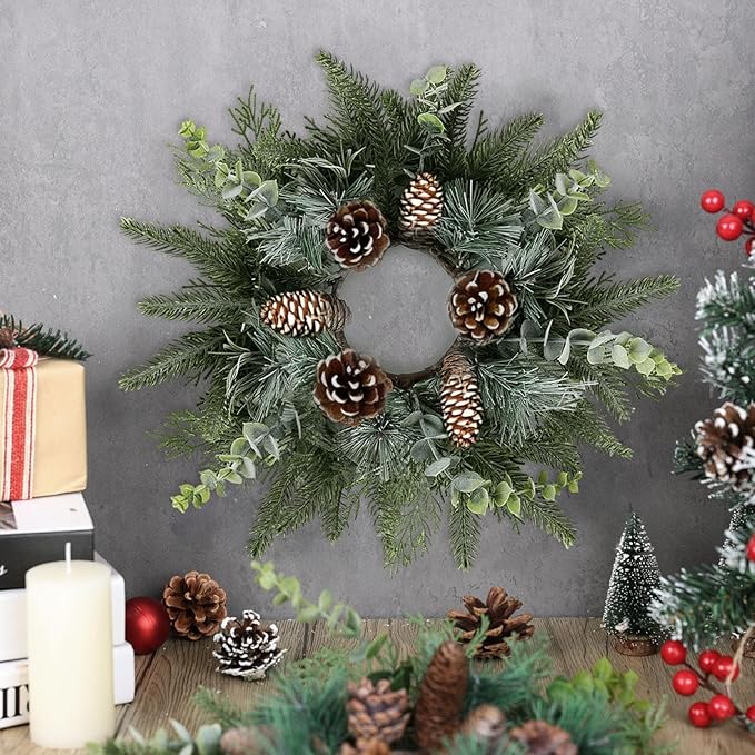 6 PCS Christmas Mini Cabinet Wreaths for Kitchen with Burlap Ribbon Norfolk Snowy Pine Needles Garland Pinecones Artificial Cedar Wreaths for Xmas Front Door Window Home Table Pillar Chair Wall Decor