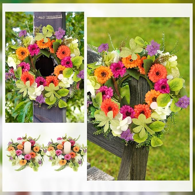 6 Pcs Artificial Summer Wreaths Mini Colorful Daisy Floral Wreath Farmhouse Spring Swag Kitchen Cabinet Wreaths Hanging Flowers Wreath for Front Door Indoor Outdoor Home Decor Festival Celebrations