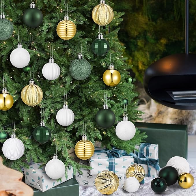 64 Pcs Christmas Ball Ornaments Bulk Green Gold White Christmas Tree Decorations Sets 1.6/1.97/2.4 Inch Shatterproof Glitter Xmas Baubles Assorted Xmas Bulbs Ornaments for Tree Home Decor