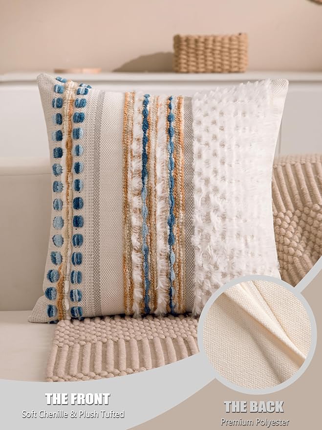 Boho Chenille Tufted Couch Throw Pillow Covers 18x18 Inch Set of 2 Farmhouse Striped Decorative Pillow Covers Accent Neutral Pillowcase Caramel Brown Blue Cushion Cover for Livingroom Sofa Bed