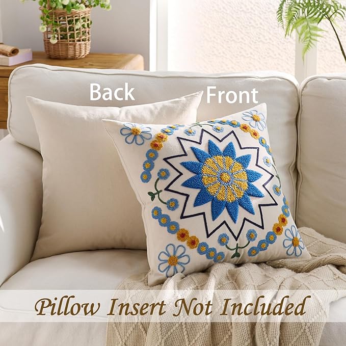 Embroidered Throw Pillow Cover 18x18 Classic Boho Floral Pattern Pillows Cover Outdoor Decorative Pillowcase,Durable Cozy Textured Cushion Case for Sofa Couch Bed Living Room,Blue Orange