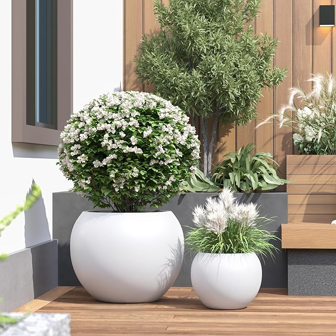 DTY Signature Mount Sherman Lightweight Durable Modern Fiberstone Sphere Planter for Indoor & Outdoor Drainage Hole & Rubber Plug Weather Resistant, 17" H x 21" Dia, 14.4" Opening - Large, White