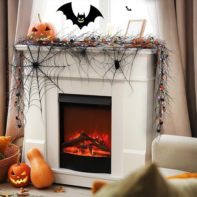 6.5 Ft Halloween Garland Black Willow Vine Decor with 9.8FT Lights Artificial Branches Berries Pumpkin Vines Halloween Realistic Garland for Home Fireplace Table Window Mantle Party Holiday Decor