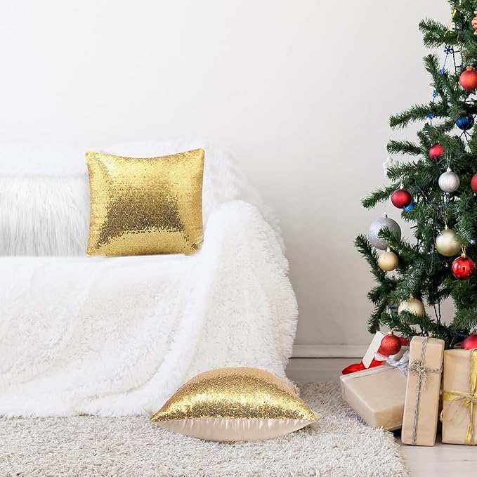 Irenare 4 Pcs Sequin and Fluffy Pillow Covers Winter Throw Pillow Cases Soft Cushion Cover for Couch Bed Sofa Xmas Day(18 x 18 Inch, 12 x 20 Inch,White, Gold)