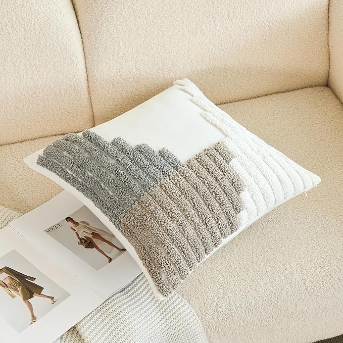 HOdo Home 18x18 Throw Pillow Covers, 2PCS Tufted Boho Jacquard Pillow Covers,Farmhouse Decorative Pillow Cover,Pillow Cases for Couch Sofa Bed Stylish Decor, Simple Textured Cushion Sham